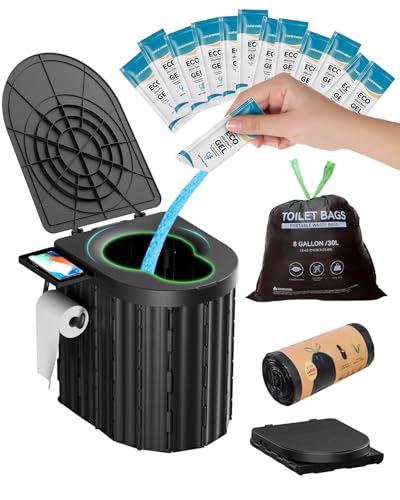 Portable Toilet with Urine Gel & Leak-Proof Bags – Odorless Camping...