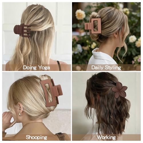 8 Pcs Neutral Matte Hair Claw Clips Set, Strong Hold Non-Slip Jaw Clips for Women Girls, Rectangle & Flower Design Hair Clips for Thick/Thin Hair, Daily & Styling Accessories（Coffee Red） — view 6