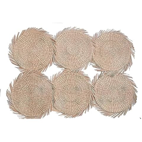 Set of 6 Oversized Round Seagrass Placemat, 13 Inches Outer Round, No-Slip Natural Heat Resistant Mats for TableWoven Table Mats, Round Stylish Decorative Placement for Dining Table Cover