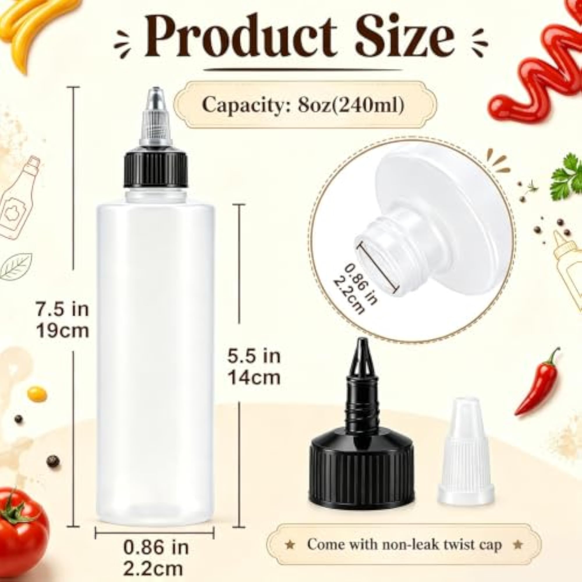 16 Pack 8oz Plastic Squeeze Bottles with Twist Top Caps