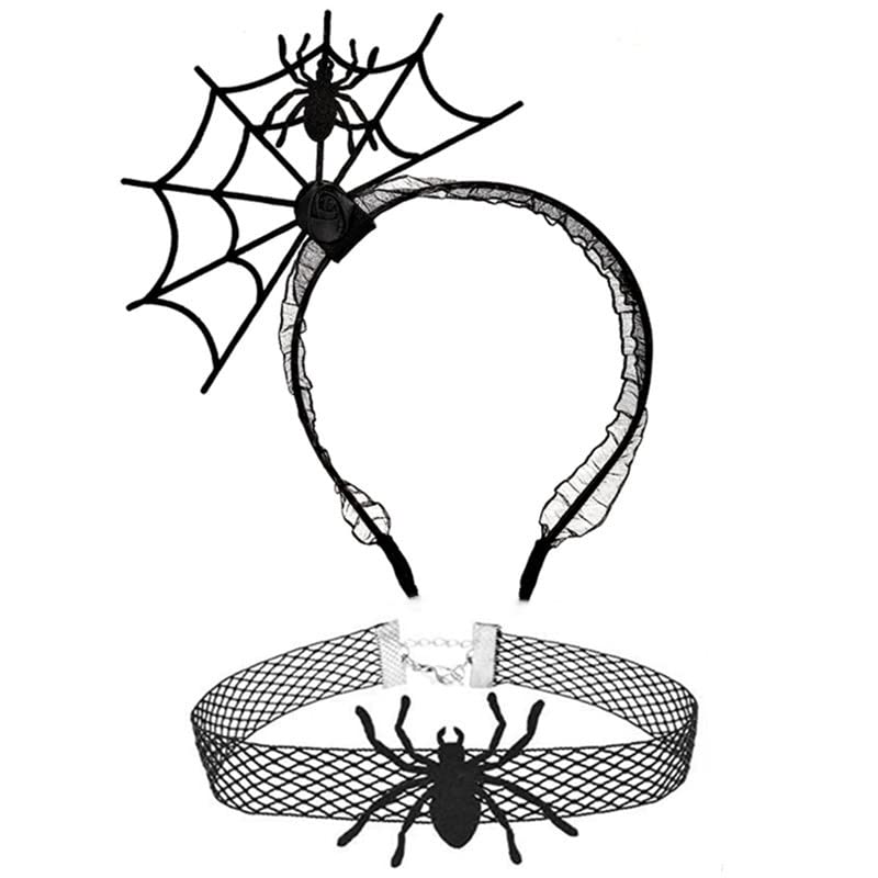 Doneace Diadema de Halloween con collar de araña negra, accesorios para el cabello, diademas de rosa negra, diadema de araña, diadema de telaraña