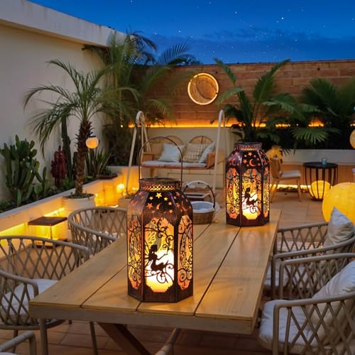 Image of Solar Lanterns Outdoor Waterproof Fairy LED Metal Lantern Candle Glow | Bronze Moon Hollow Design, Vintage Fairy Style, Garden Decor for Yard, Patio, Backyard 2 Pack