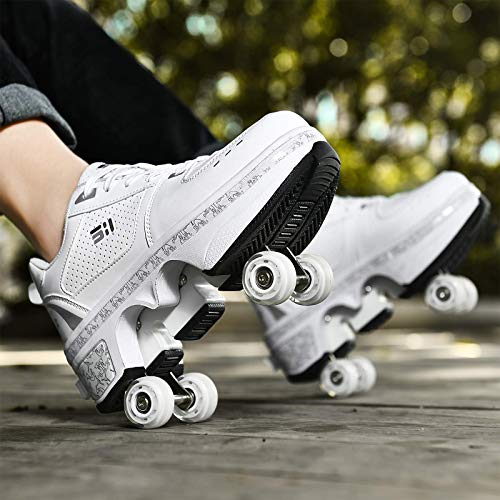 DHTOMC Pattini in Linea, Scarpe Multiuso 2 in 1, Stivali con Pattini A Rotelle Regolabili,Skateboard Formatori,Deformation Roller Shoes per Principianti Unisex,EUR39