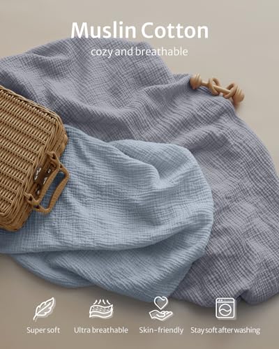 Image of Blissful Diary Muslin Bassinet Sheets, 2 Pack, Light Blue & Grey | fitted for bassinet mattress, soft and breathable cotton, boho style, easy care for machine wash, gift for boy and girl