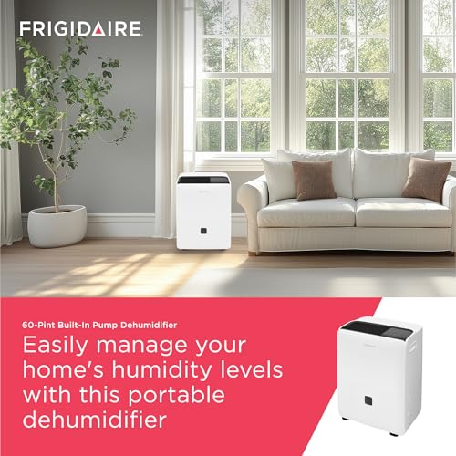 Image of Frigidaire 60-Pint Portable Dehumidifier with Built-In Pump for Large Rooms & Basements, Custom Humidity Control, Auto Shut Off, White