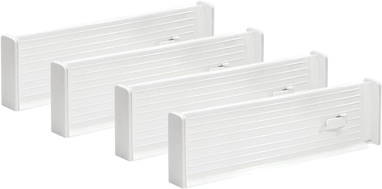 WEIKA Drawer Dividers, 4 Pack Adjustable Drawer Organiser, Expandable Kitchen Drawer Organiser With Foam Ends For Kitchen, Dresser, Clothes, Bedroom, Bathroom and Office (White)