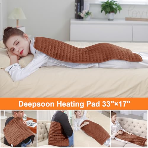 Image of Deepsoon Heating Pad,Electric Heating Pads for Back,Neck,Moist Heating Pad for Abdomen Shoulder Knee Legs,Dry /Moist Heat&Auto Shut Off,Mother's Day Birthday for Men and Women,Brown,33x17 Inch