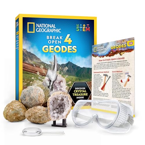 National Geographic Break Open 4 Geodes Science Kit Includes Goggles & Display Stand - STEM Science Gift for Boys & Girls Break Your Own Geodes