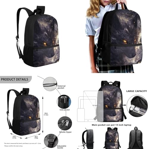 Galaxy Wolf Backpack for Boys Girls Backpack with Lunch Box Water Bottle Holder and Big Pencil Case 4Pcs Set 17" Bookbag with Front Pocket for School Lightweight School Bag for Kids Elementary3