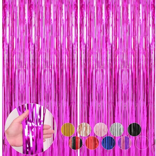 Image of 2 Pack Hot Pink Foil Fringe Curtains Streamers Party Decorations 3.3 x 8.2 ft, Tinsel Curtain Fringe Backdrop for Parties, Door Fringe Birthday Streamers, Photo Booth Backdrops, Party Decor