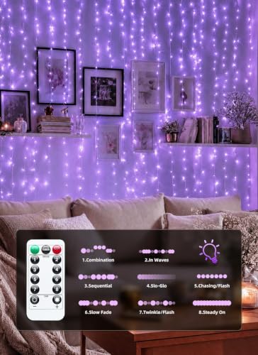 Image of Brightown 300 LED Fairy Curtain Lights, 9.8ft x 9.8ft Curtain String Lights | Purple USB Plug in 8 Lighting Modes Halloween String Hanging Lights with Remote for Bedroom Indoor Outdoor Party Xmas