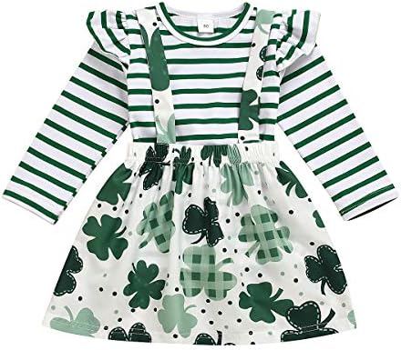 DEARBB Newborn Baby Girls St.Patrick Day Outfit Skirt Set Infant Ruffle Long Sleeve Romper Bodysuit Suspender Skirt Clover Dresses Clothes Set