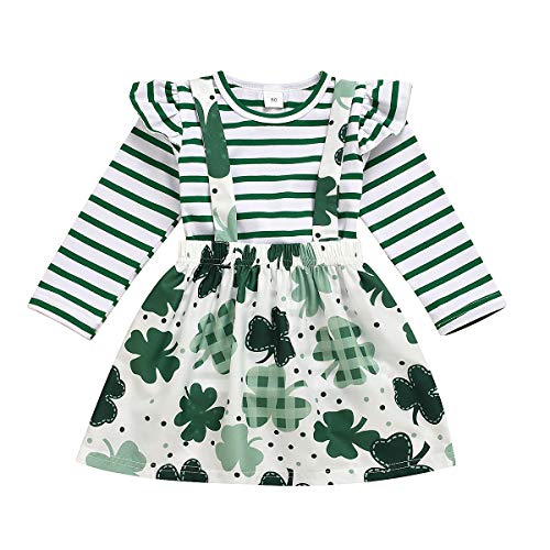 Dearbb Newborn Baby Girls St.patrick Day Outfit Skirt Set Infant Ruffle Long Sleeve Romper Bodysuit Suspender Skirt Clover Dresses Clothes Set #TOP1