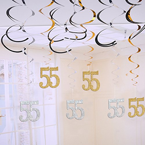 MAGJUCHE 55th Birthday Decorations Kit-Gold Silver Glitter Happy 55 years old Birthday Banner & Sparkling Celebration Hanging Swirls, Party Supplies