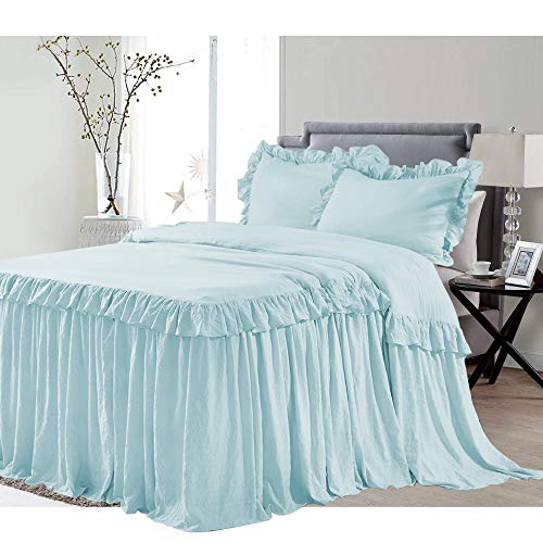 Hig 3 Piece Ruffle Skirt Bedspread Set - Aqua Color 30 Inches Drop Ruffled Style Bed Skirt Coverlets Bedspreads Dust Ruffles - Alina Bedding Collections Queen Size - 1 Bedspread, 2 Standard Shams #TOP6