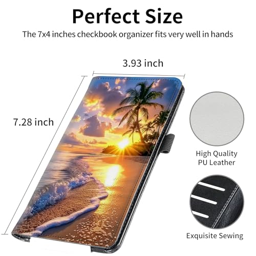 Image of FUYOCWE Leather Checkbook Cover for Men Women Checkbook Covers Personal Checks Card Register Holder Wallet W /RFID Blocking & Pen Holder-Beach Sunset