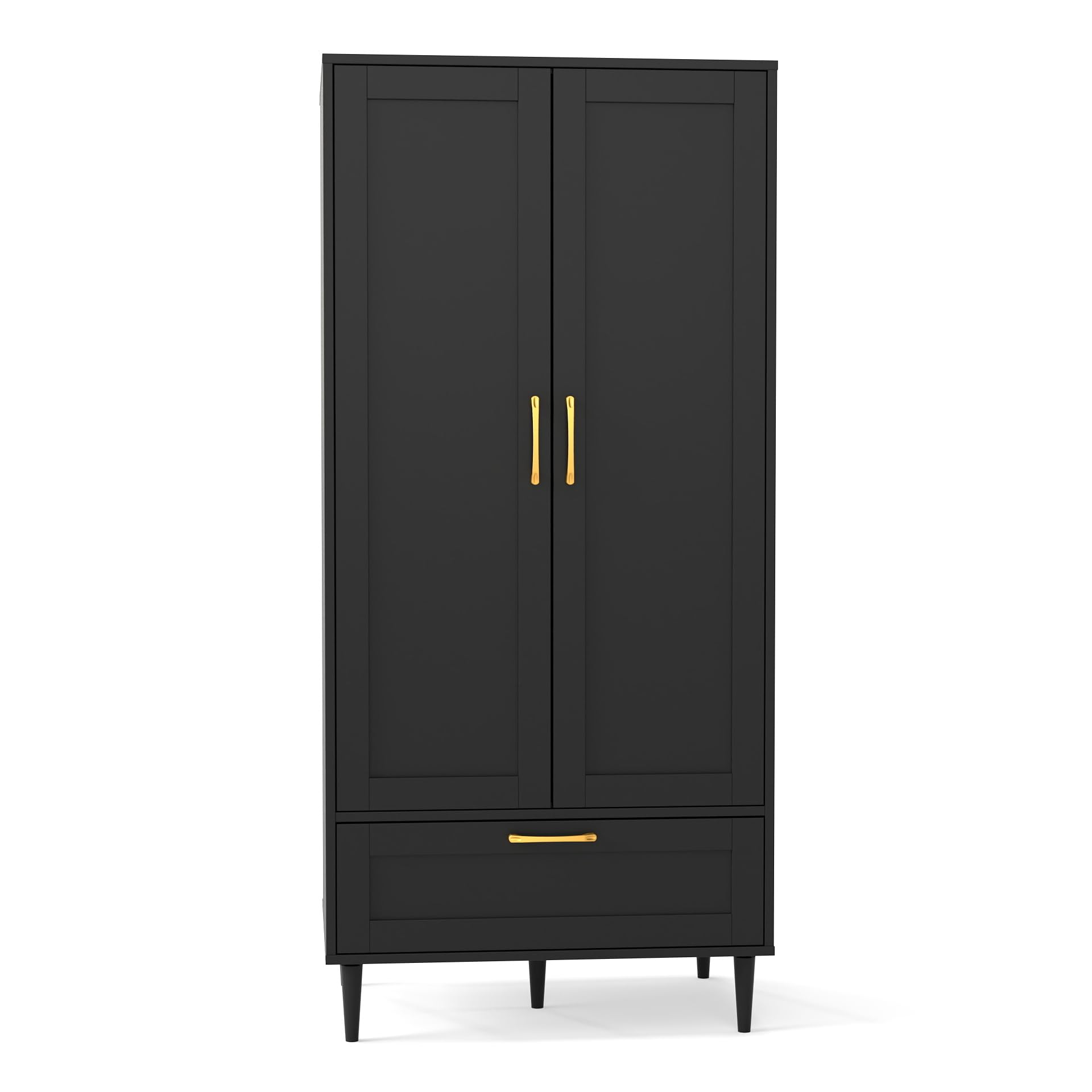 Gdchanyiyi Bedroom storage wardrobe with hanging rod, 59 inch high double door wardrobe and drawer combination, modern storage cabinet, black
