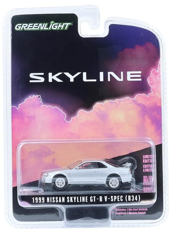 Greenlight Collectibles 28160-E Anniversary Collection Series 17 1:64 Scale Diecast Model- 1999 Nissan Skyline V-Spec (R34) - Sonic Silver - 25th Anniversary