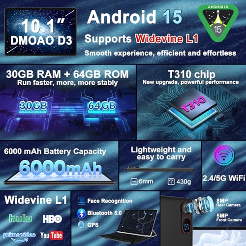 DMOAO Tablet 10 Zoll Android 15 mit Tastatur, Gemini AI, 30GB RAM + 64GB ROM (2TB Erweiterung), 5G WLAN, Widevine L1, Octa-Core, GPS… – Ansicht 2