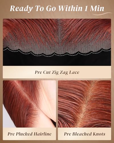 Image of Arabella Reddish Brown 5x6 HD Lace Wear and Go Glueless Wigs Human Hair Pre Plucked Pre Cut Auburn Stragiht Color Lace Front Wigs Human Hair 12A 230% Density Bleached Tiny Knots 26 inch