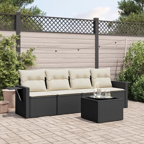 Homgoday Set de Muebles de jardín 5 pzas y Cojines ratán sintético Negro Sofá de jardín con Mesa Muebles de jardín Exterior Rattan Garden Furniture Set de Jardin Negro y Crema