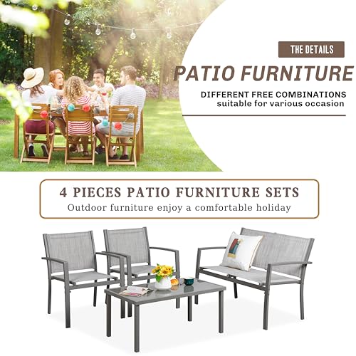 Image of Vongrasig 4 Pieces Patio Furniture Sets,Outdoor Patio Conversation Sets with Glass Coffee Table, Small Porch Balcony Furniture, Patio Table and Chairs Set for Garden, Backyard (Silver)