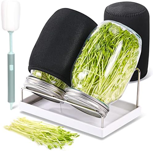 Sprouting Jar Kit 2Pcs Large Wide Mouth Mason Jars With Screen Sprout Lid ,Sprouting Jar Stand,Tray,Blackout Sleeves,Brush-Seed Sprouting Kit For Growing Mung beans,Broccoli And So On