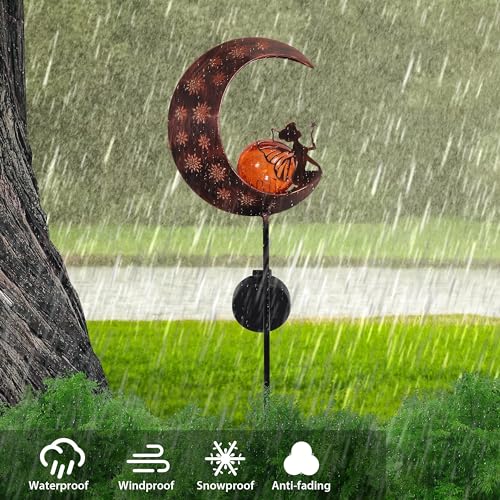 TERESA'S COLLECTIONS Solarlampen für Außen,Gartendeko für draußen Groß Metall Mond Solarleuchte Glaskugel wasserdichte Wegeleuchte mit Blumenfee und Erdspieß,100CM