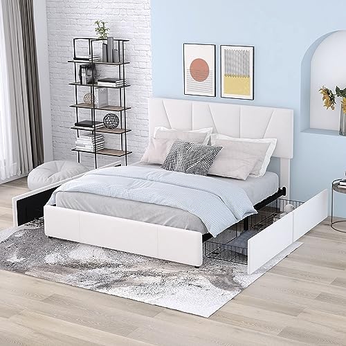 Idemon Cama con plataforma acolchada de doble tamaño con cuatro cajones en dos lados, cabecero ajustable (140 x 200 cm, beige)