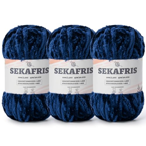 Image of Fuzzy Chunky Chenille Yarn for Crocheting,Soft Plush Yarns for Hand Knitting,Bulky 3x100 g(3X49.2 yd) Baby Blanket Yarn for Crocheting Amigurumi,Crochet Fluffy Velvet Yarns (3 Navy Blue)