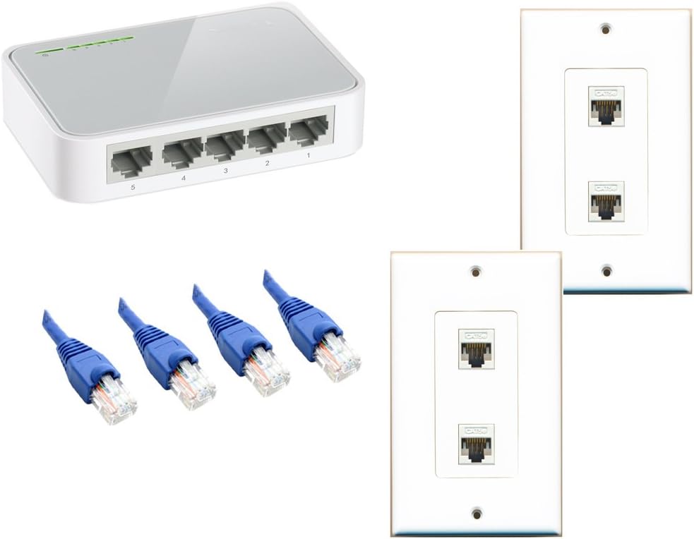 RiteAV 2 pcs 2 Port Cat5e Ethernet Splitter Wall Plate + 4 pcs 25ft Cat5e Blue Cables