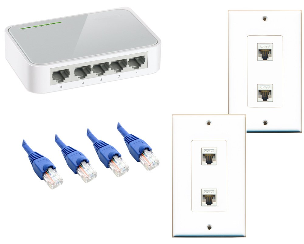 RiteAV 2 Pcs 2 Port Cat5e Ethernet Splitter-+ 4 pcs 25 Ft CAT5e blau Kabel