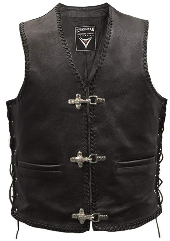 Skintan Men's Black Leather Hand Plaited Lace Sided Waistcoat Medium M