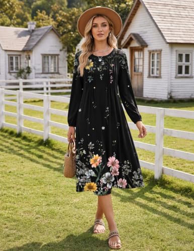 Image of Zeagoo Fall Dresses for Women Long Sleeve Midi Dress Casual A Line Dresses 2026 Pleated Flare Dress with Pockets