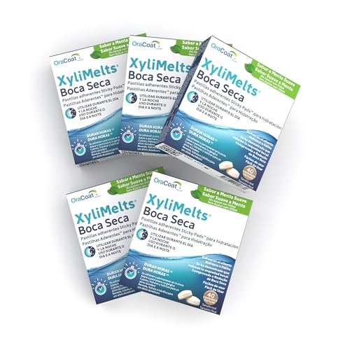 OraCoat XyliMelts 200 comprimidos adesivos para a boca seca e proteção dental, Xilitol natural - alívio noturno contra a Xerostomia e o mau hálito (hortelã suave, pack de 5)