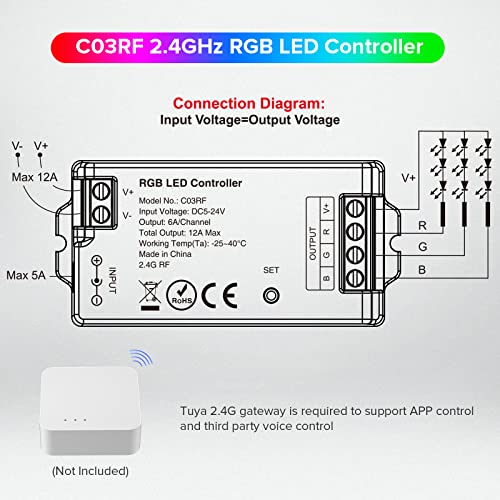 Image of SEZO C03RF RGB LED Controller Support PWM 5050SMD FCOB COB RGB (+ R G B) 4pin LED Strip String Support with RC03RFB RF Remote DC5V-DC24V Max 12A(NO Remote /Power)