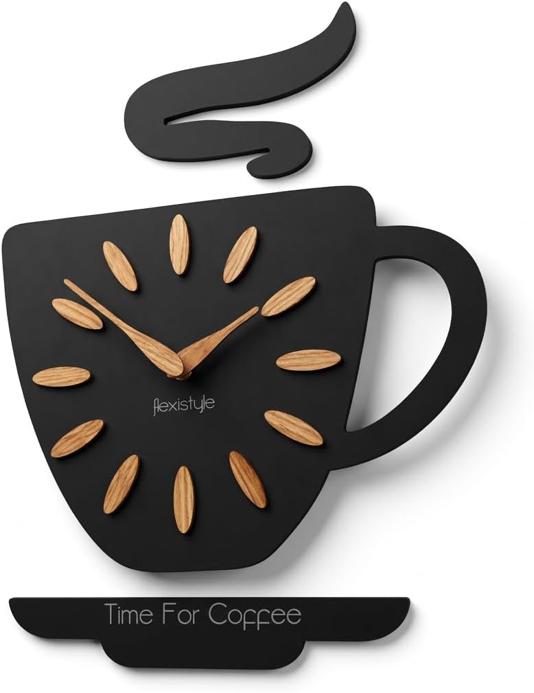 FLEXISTYLE Rustic Wall Clocks Kitchen "Coffee Cup" Wooden - Quiet, Decorative for Kitchen, Cafe & Living Room