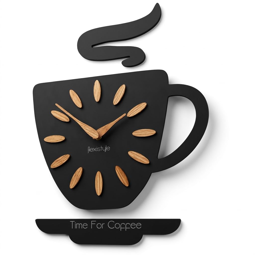 FLEXISTYLE Rustic Wall Clocks Kitchen "Coffee Cup" Wooden - Quiet, Decorative for Kitchen, Cafe & Living Room