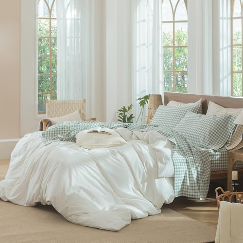 Image of MooMee Gingham Sheet Set 100% Washed Cotton Linen Like Textured Breathable Soft w /Fully Elasticized 16-19 inch Deep Pocket (Classic Gingham Sage Green, Queen)