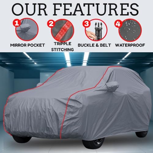 Image of GROOFOO Premium Waterproof Car Cover Compatible with Toyota Glanza, Triple Layer Protection, UV, Dust and Rain Resistant, Customized Fit with Mirror Pockets, Heavy Duty and Long Lasting (Grey Red)