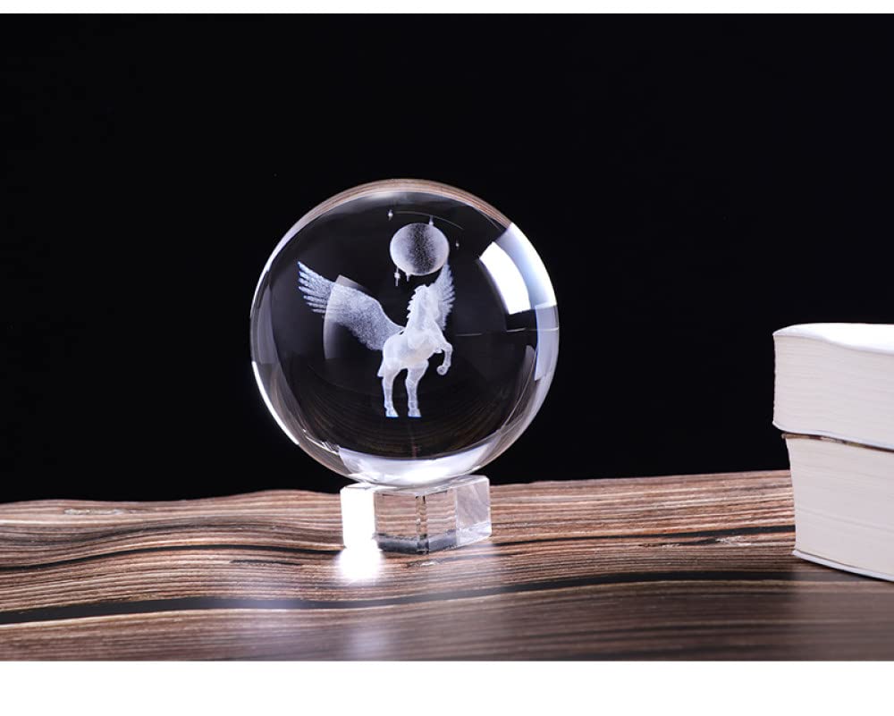 VVW&LIU Bola de Cristal de Pegaso en Miniatura grabada en 3D de 80mm, Esfera Artesanal de Cristal, Adorno de decoraci¨®n del hogar, Regalo de Cumplea?os, con Base Dorada de 80mm