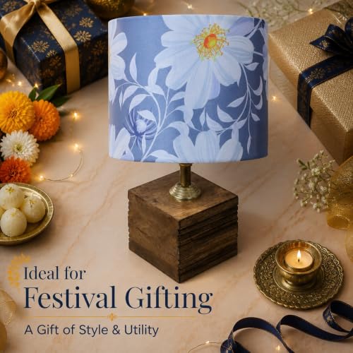 Image of tu casa Wooden Table Lamp Floral Satin Shade for Bedroom, Lounge,H-12