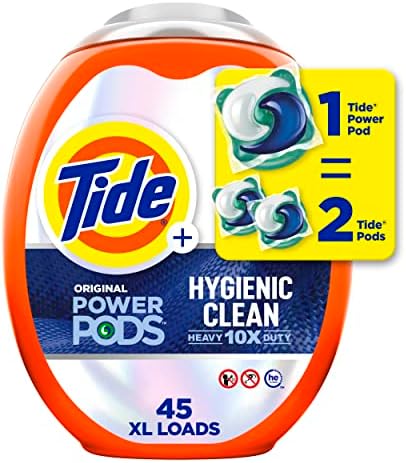 Tide Power PODs Hygienic Clean Heavy Duty Liquid Laundry Detergent Pacs HE Compatible 45 Count Hypoallergenic Free and Clear of Dyes and Perfumes For Visible and Invisible Dirt