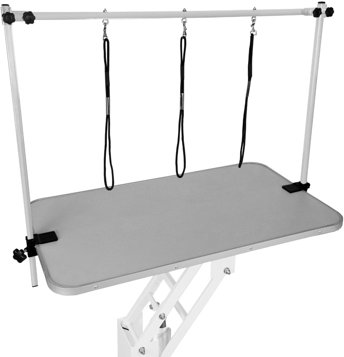 Tavolo Idraulico Toelettatura Cani - Altezza 55-101 cm, Capacità 180 kg, Bianco - Piano Grigio, Antiscivolo 106x61 cm, Acciaio Bianco, Piedini Livellanti, 3 Guinzagli