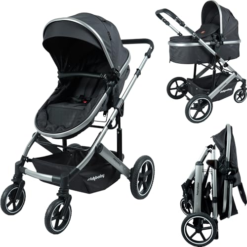 RichBaby Cruise Pramette - Reversible Seat 2-in-1 Pram and Stroller from Birth to 3 Years (15kg) Large Canopy Easy Fold Adjustable Handle Stroller with Footmuff - Black