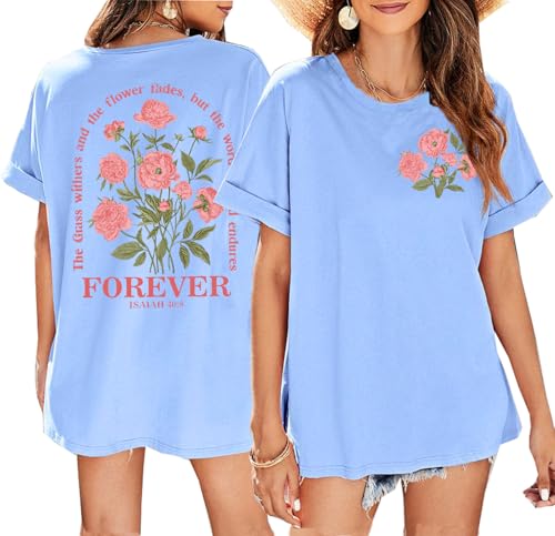 Boho Christian Shirts for Women Oversized Vintage Floral Tshirt Religious Jesus Tees Bible Verse Short Sleeve Faith Tops