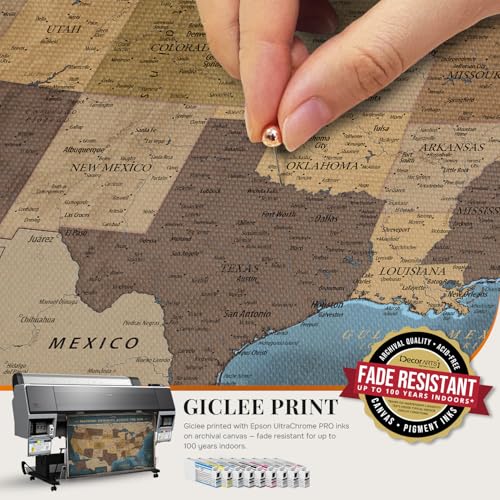 Image of DECORARTS - USA Push Pin Travel Map, Vintage Explorer-Style Canvas Wall Art in Blue, Archival Giclee Print, Hand-Stretched Canvas, Living Room & Office Wall Decor, for Travelers, Made in USA, 20x16''
