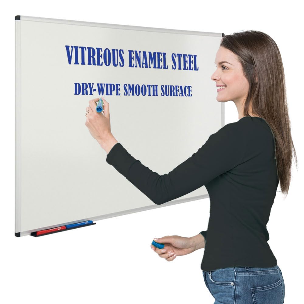 Wonderwall Premium Vitreous Enamel Steel Magnetic Whiteboard, 60 x 45cm, Drywipe, Aluminium Frame with Concealed Fixings & Clip on Pen Tray - Office, School, Healthcare
