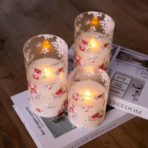 Image of Rose Flameless Candles Set of 3 - Glass Battery Operated Candles with Remote, Flickering Floral Flameless Candle for Wedding, Home, Party Gift