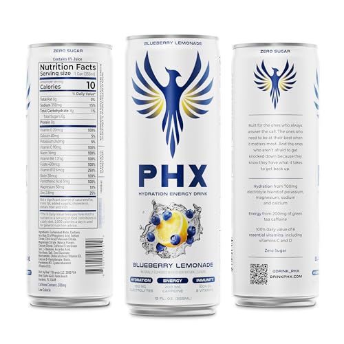 Image of PHX Hydration Energy Drink - 700mg Electrolytes, 200mg Natural Green Tea Caffeine, 100% Daily Value 8 Essential Vitamins - 12 oz Cans (12 Pack) (12 Pack, Blueberry Lemonade)